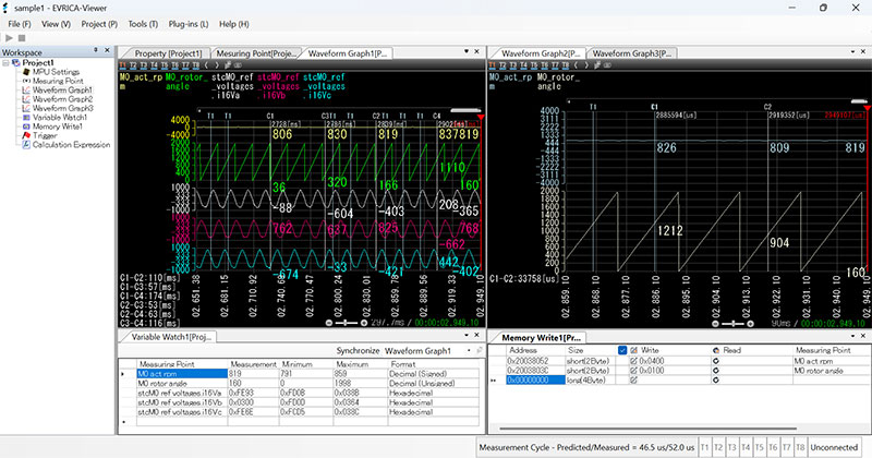 The designated viewer software named EVRICA-Viewer, displays waves, variable values, Trigger etc. during programe execution.