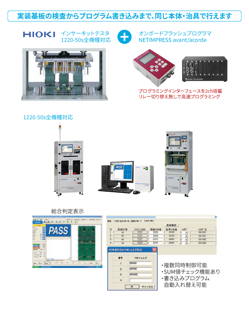 実装基板の検査からプログラム書き込みまで、同じ本体・治具で⾏えます